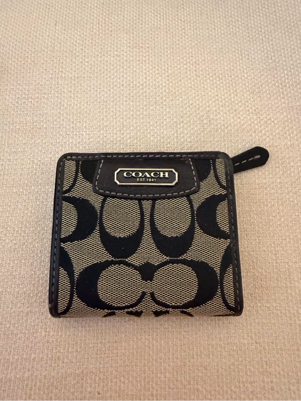 Coach Tan and Black Signature Canvas Zip Small Wallet